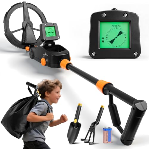 Kids Metal Detector Waterproof & Lightweight Metal Detectors with LCD & Sound Indication High Sensitivity Metal Detector for Kids with Rake Shovel and Bags for Treasure Seeking Gift for Boys/Girls