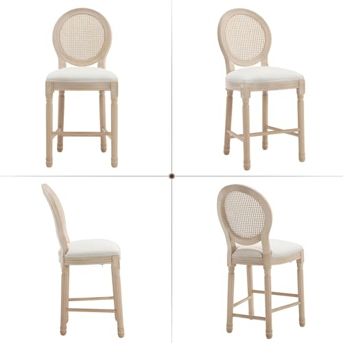 Butacos de Bar French Country, Altura de Encimera 26", Asiento Tapizado en Lino y Espalda de Ratán, Sillas de Madera para Cocina, Bar, Comedor y Café, Color Beige miniatura 6