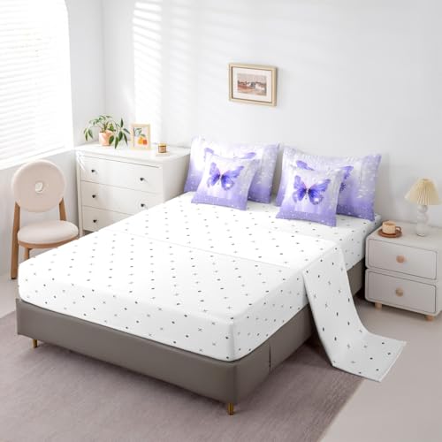 Image of Feelyou Butterfly Comforter Set with Sheets 7 Piece Twin Size Dreamy Princess Bedding Set for Kids Boys Girls Glitter Bed in a Bag Watercolor Butterflies Room Decor Soft Lightweight Microfiber