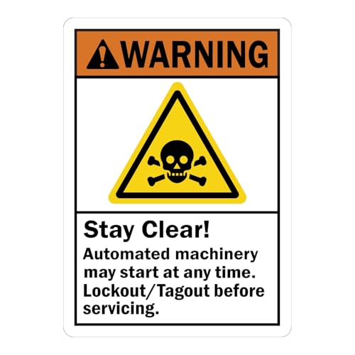 StickerJet WARNING ANSI-Style Lockout Sign, Stay Clear Automated Machinery May Start At Any Time, Lockout/Tagout Before Servicing, Self-Adhesive Waterproof Vinyl Signs, 7" x 10", Pack of 5