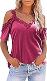 KKG Womens Sexy Cold Shoulder Tops, Casual Off Shoulder Short Sleeve Open Shoulder Shirts Country Concert Rose