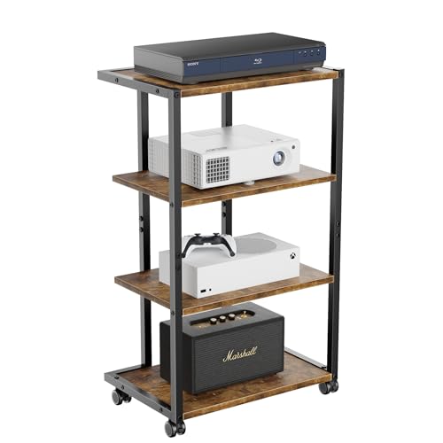Aquzee AV Media Stand with Wheels, 4-Tier Game Console Shelf, Rolling Media Cart for Small Space, Stereo Racks and Stands, Ideal for Record Player, Game Console, DVD Player, and Projector, Wood