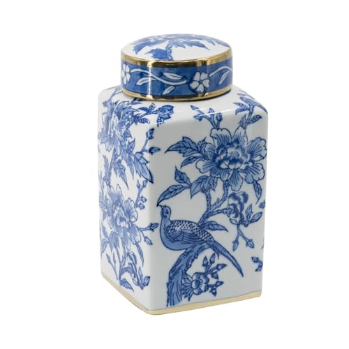 A&B Home Blue & White Porcelain Square Lidded Jar 5.5x10.5