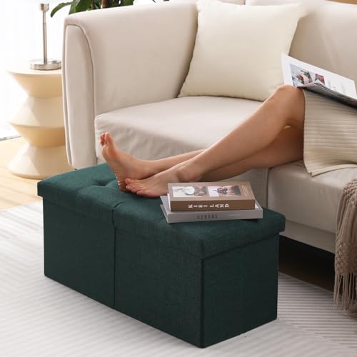 Image of Storage Ottoman Bench Foldable Footrest Foot Stool, 30 inch Fabric Green | Small Ottoman Foot Rest Seat Shoe Bench Flip-Top forliving Room End of Bed Bedroom Couch Dorm, 80L Folding Upholstered Chair