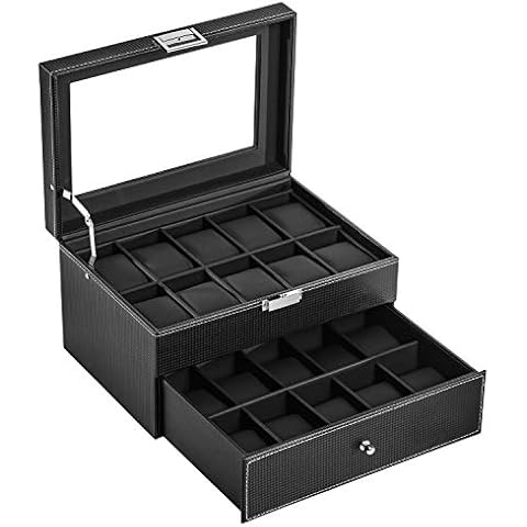BASTUO 20 Uhrenbox Aufbewahrungsbox Uhrenkoffer Kohlefaser Aufbewahrungsbox Cover