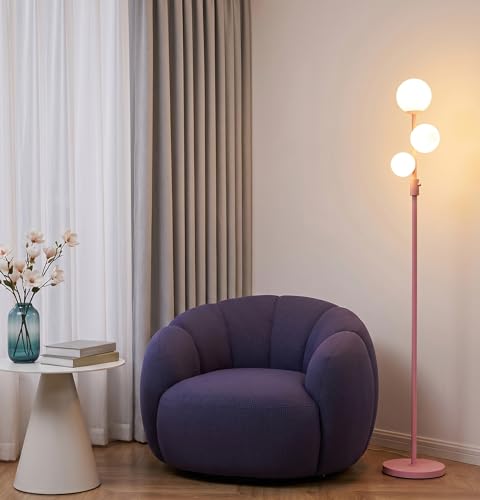Fiqevs Modern Pink Globe Floor Lamp with Frosted Glass Shade and LED Bulbs Dimmable Elegant Standing Lamp with Foot Pedal Tall Pole Lamp for Girls Room Bedrooms Office