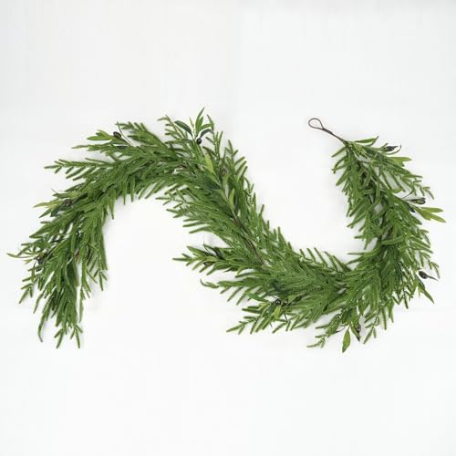 6ft Artificial Olive Garland with Mixed Greenery – Realistic Farmhouse Mantel Decor & Table Runner for All-Season, Wedding, Spring Home Styling – Thick Faux Vines for Fireplace, Indoor Outdoor