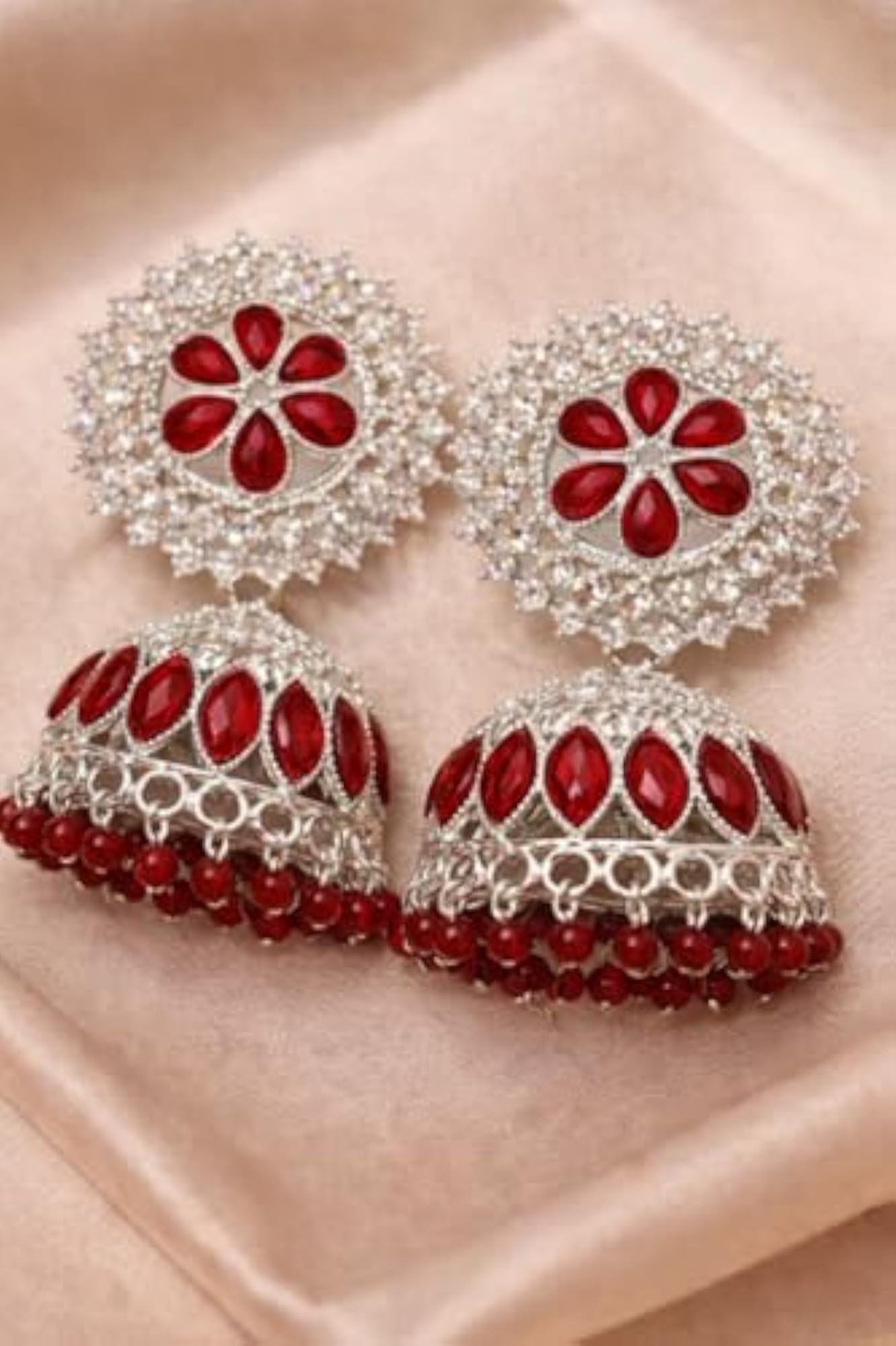 Women's Oxidised Floral Chandbali Jhumka Earrings with Black Stone