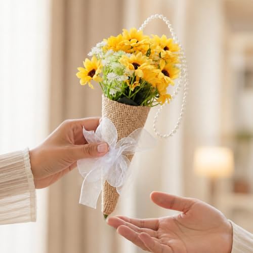 Image of SATYAM KRAFT 1 Pcs Artificial Daisy Flower Bouquet with Pearl Handle | Decorative Wall Hanging Floral Arrangement for Home Decor, Living Room, Gifting & Festive Decoration (Yellow)