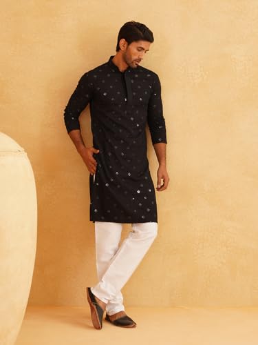 Image of SOJANYA (Since 1958 Men's Cotton Embroidered Sequinned Kurta with white Churidaar Pyjama
