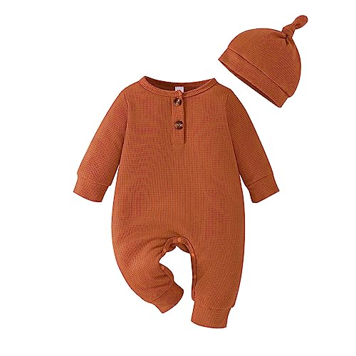 Image of Toddler Boys Girls Romper Neutral Baby Clothes Solid Long Sleeve Waffle Jumpsuit Fall Newborn Coming Home Outfit