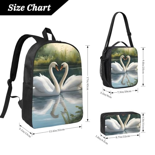 Beautiful White Swans on The Lake print Backpack Bookbag for Daily Use,3 Pcs Backpack Set with Lunch Box and Pencil Case4