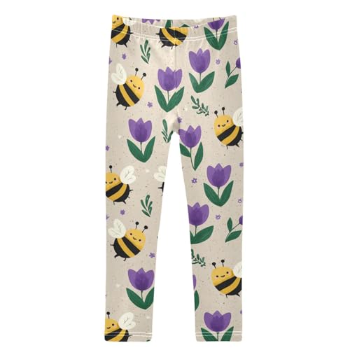 Cute Cartoon Bees Purple Tulips Girls Leggings Kids Yoga Pants Dance Active Tights 4T