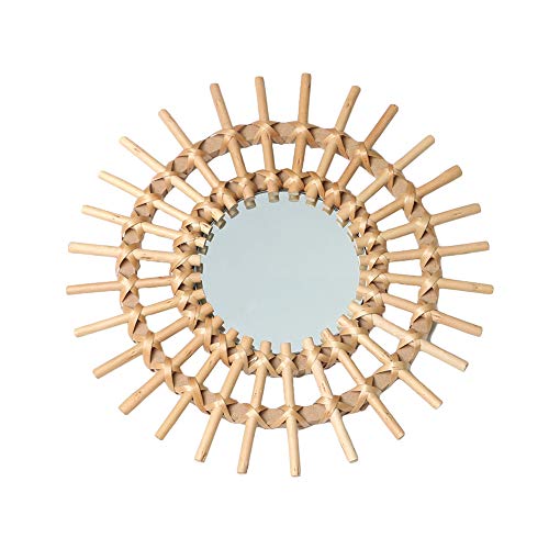 Image of OYPEIP 12" Small Natural Rattan Sunburst Bohemian Hanging Glass Decor,Rustic Handwoven Innovative Art Decoration Round Makeup Mirror for Dressing Living Room Bedroom Bathroom Corridor,Entryway