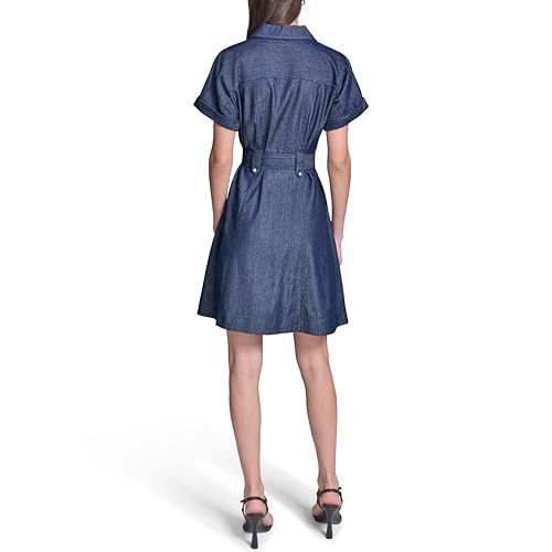 Image of Karl Lagerfeld Women's Short Sleeve Collar Chambray Shirt Dress Fit and Flare Dress