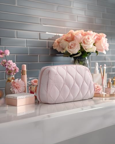 Image of BAGSMART Makeup Bag, Travel Cosmetic Bag, Puffy Padded Make Up Bag for Women, Makeup Organizer Case, Wide-open Pouch Purse, Travel Essentials, Toiletries Accessories Brushes, Beige