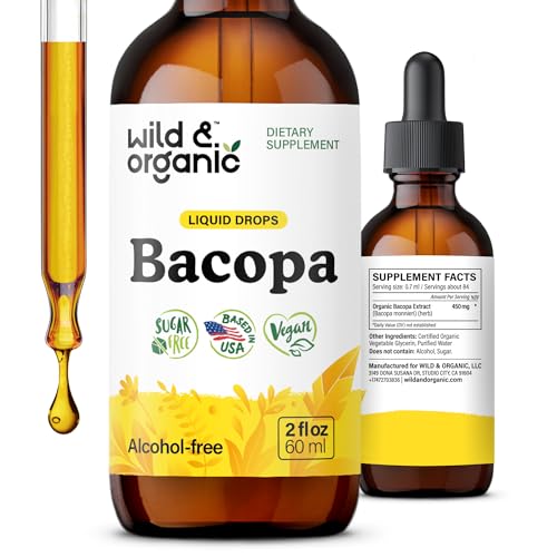 Wild & Organic Bacopa Monnieri Supplement - Focus & Clarity - Liquid Bacopa Supplements for Brain Support - Brahmi Extract to Add to Tea - Vegan Sugar & Alcohol-Free Drops - 2 fl oz