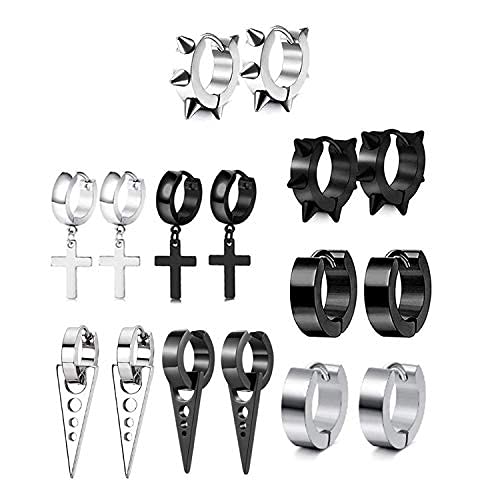 LIUJZZJ JZZJ 8 Pares Acero Inoxidable Pendientes para Hombres Mujeres Set Aro Pendiente Piercing Cross Dangle Huggie Punk Pendi（-）