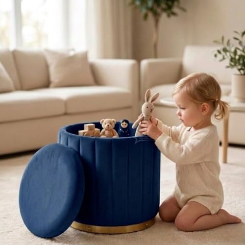 Image of Superior Round Storage Ottoman Stool 13 X 13X 16 inch, with Gold Metal Base | Elegant Pouffe with Secret Storage | Cushioned Footrest for Living Room, Bedroom, and Lounge Blue