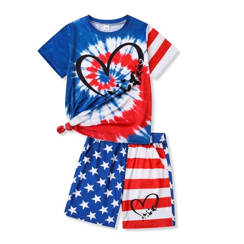Image of 7-14Y Tween Girl Clothes 2 Piece Short Sleeve Tie Dye Heart Print Top and Shorts Teen Girl Summer Outfits Short Set