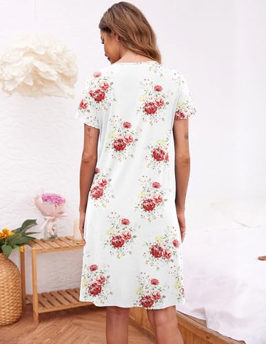 Image of Ekouaer Women's Nightshirt Short Sleeve Button Down Nightgown V-Neck Sleepwear Pajama Dress