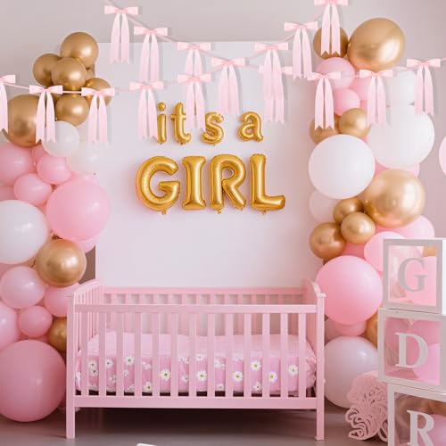 Image of Pink Bow Garland for Party Decorations - 6.6ft x 2 Pre-Strung Hanging Banners for Coquette Birthday, Bridal Shower, Wedding, Engagement, Bachelorette, Women Girl Baby Shower Supplies