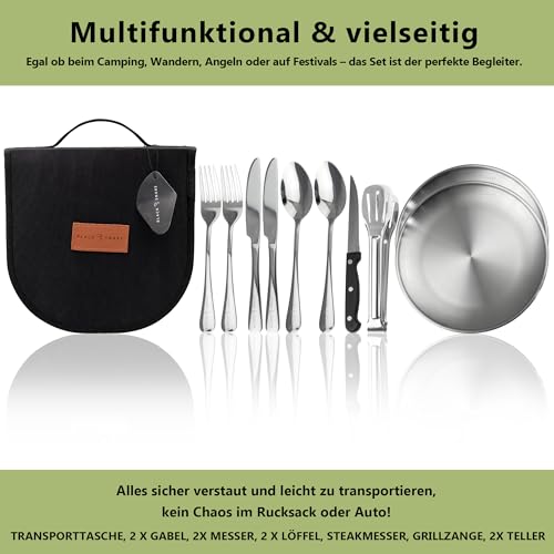 Black Snake Edelstahl Camping Geschirr Set - Teller, Besteck, Grillzange & Steakmesser - Mit Transporttasche - Langlebig - Perfekt für Outdoor & Picknick - 2 Personen - Set