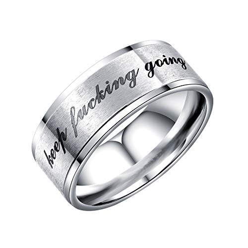 ALEXTINA Stainless Steel Keep Going Ring Inspirational Gifts for Men Women 8MM Graduation Class Ring Silver Tone Size 7