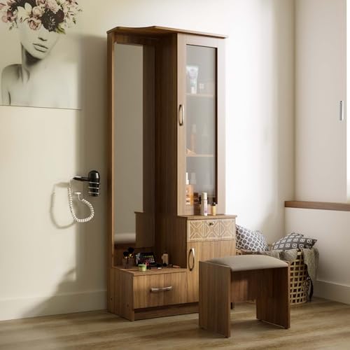 Image of NEUDOT Petra Wooden Dressing Table with Mirror and Storage | Engineering Wood | Vanity Table with Mirror | Vanity Table for Bedroom, Living Room | 1-Year Warranty, Brown