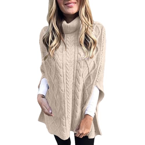 Womens Turtleneck Poncho Sweater Chunky Cable Knit...