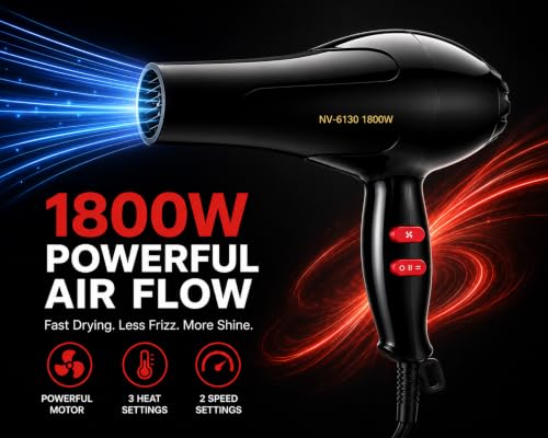Image of Hair Dryer 1800W Powerful Hot & Cold Air Blow Dryer for Women & Men | Lightweight Hair Dryer with Styling Nozzle | Fast Drying Hair Dryer for Home, Salon & Travel Use (MULTOCOLOR)