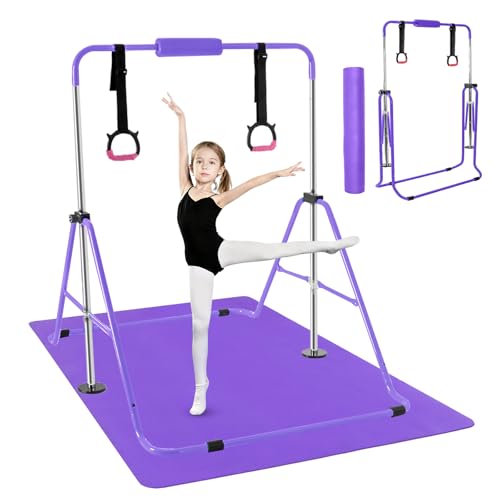 BEEYEO - BEEYEO Gymnastics Bar for Kids with Mat,Folding Gymnastic Training Kip Bar with Rings,Gymnastics Equipment for Kids,5-Level Adjustable Height Fitness Equipment for Indoor/Outdoor/Home/Training,Purple