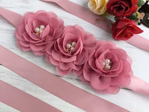 Dusty Pink Sash Belt for Girls,Flower Girl Sash Belt for Dresses,Chiffon Pearls Bridesmaid Dress Sash Belts3