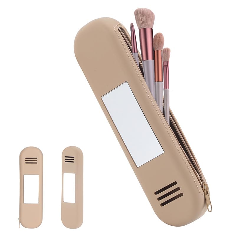 Travel Makeup Brush Holder with Mirror, Silicone Makeup Brush Organizer with Upgrade Anti-Fall Out Zipper Closure, Large Makeup Brush Travel Case for Daily, Work or Gift-Khaki