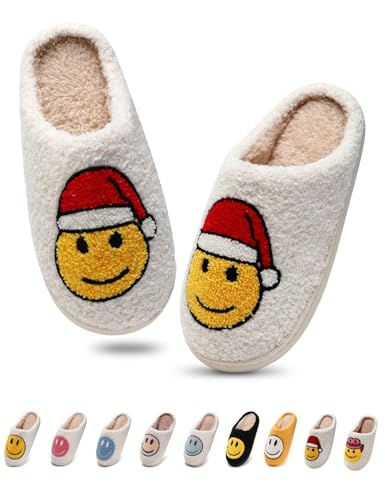 Shoquis Smile Face Slippers for Women men, Womens Slippers on Fuzzy House Slippers for woman Memory Foam Scuff Outdoor Indoor Warm Plush Bedroom Shoes with Faux Fur Lining(Christmas 40-41)