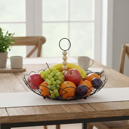 Image of Go Hooked Fruit Storage Basket for Kitchen Counter 27cm | Metal Wire Organizer Basket with Detachable Wooden Handle | Multipurpose Storage for Fruits & Vegetables | Rust Resistant Iron Shelf Basket
