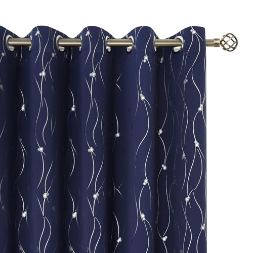 BGment Blackout Curtains 60 Inches Wide for Bedroom/Living Room, Room Darkening Thermal Insulated Grommet Window Drapes with Line and Dots Pattern, 2 Panels, Each Panels 60 x 63 Inch, Navy Blue