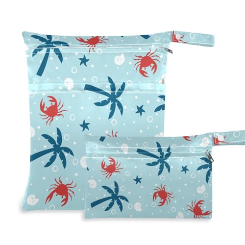 susiyo 2 Pcs Wet Dry Bag Cute Crab Palms Waterproof Reusable Baby Cloth Diaper Wet Bags with 2 Zipper Pockets for Breast Pump Parts Travel Beach Pool Gym Yoga Swimsuits Wet Clothes