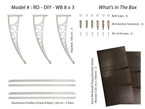 Image of CHENNAI Window Blinds and Shades DIY Polycarbonate Awning (Engineered Plastic Brackets) Window Sunshade Door Weather Shed Rain Canopy Awnings - 8'Widthx3'Depth (White Brackets & Bronze Sheets)
