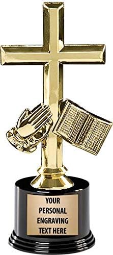 Crown Awards Religious Trophies with Custom Engraving, 7.25" Personalized Praying Hands, Bible and Cross Trophy On Deluxe Round Base