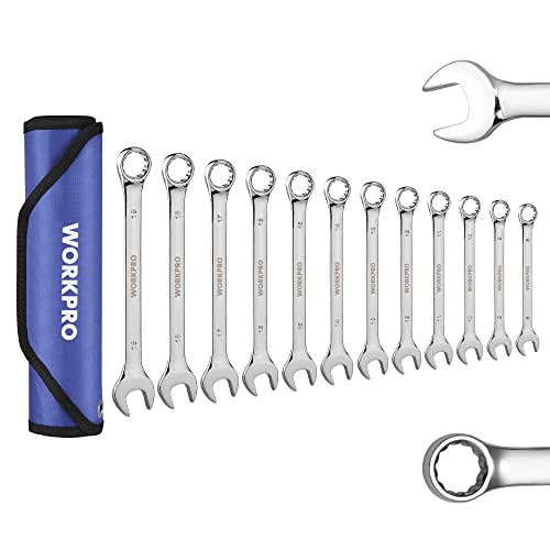 WORKPRO 12-Piece Combination Wrench Set, Metric 8-19mm, Premium Cr-V Wrench Sets, 12PT, Mirror Polish Chrome Plating with Rolling Pouch