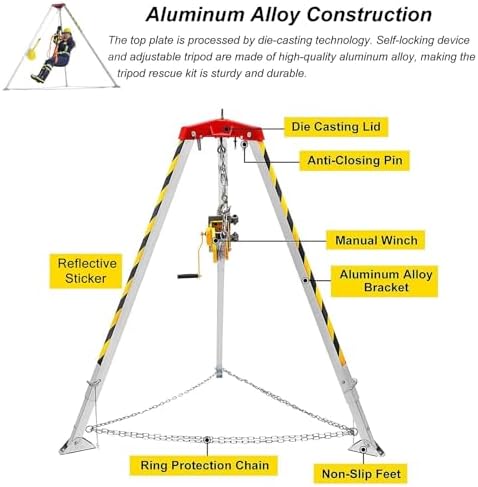 Rescue Tripod Heavy Duty Fire Fighting Tripod Confined Space，Aluminum Confined Space Tripod 7 Feet Legs, Commercial Rescue Tripod Fall Protection for Traditional Confined Spaces/Grinder Pump