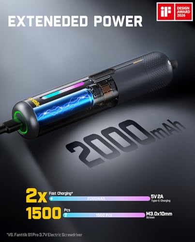 Fanttik S2 Pro 3,7V Elektroschrauber, Akku-Schrauberset, 7 Drehmoment (0,5 bis 6 Nm), 20 magnetische Bits, 1/4-Zoll-Sechskant-Aufnahme mit 90°-Adapter, geeignet für Möbel und Haushaltsreparaturen 5