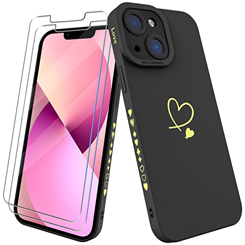 YisrLery Coque Compatible avec iPhone 13 Coque et 2 Pièces Verre Trempé, Motif Mignon Doré Love-Heart, Protection Caméra en Souple Silicone TPU Coque pour iPhone 13 6.1" - Noir Cover