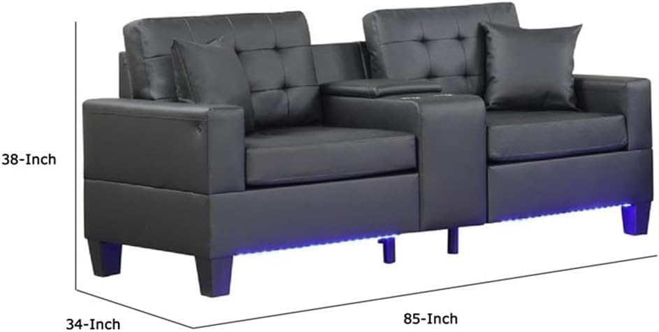 Pemberly Row 91 Inch Sleeper Sectional Sofa with Storage Chaise, Black Faux Leather, Tufted Cushions, LED Lights, USB Ports, Decorative Pillows, Modern Living Room Seating and Entertainment Console