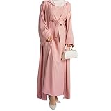 2PCS Women's Muslim Dresses Abaya Islamic Dubai Prayer Dress Robe Long Cardigan Maxi Dress Pink