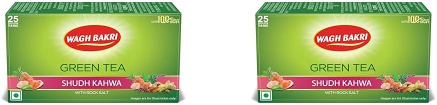 Wagh Bakri Green Tea Shudh Kahwa Tea Bag, 25 Tea Bag*2.5G, 62.5 Grams (Pack of 2)