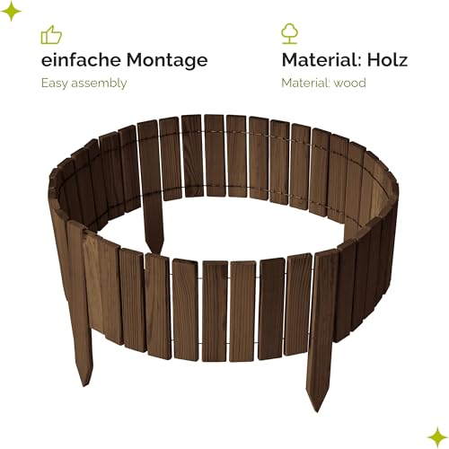 Garronda Beeteinfassung Holz Rollzaun Holzzaun 20 cm x 200 cm imprägniert Flexibler Rollborder Rasenkante Palisade Gartenzaun Umzäunung für Garten GD-0149, Dunkelbraun