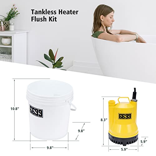 6699 Tankless Water Heater Descaling Flush Kit Includes Submersible Utility Pump with Adapters 3 Gallons Pail with Bucket Lid Opener and Two 3/4" GHT X 6FT PVC Black Hoses Easy Installation to Clean