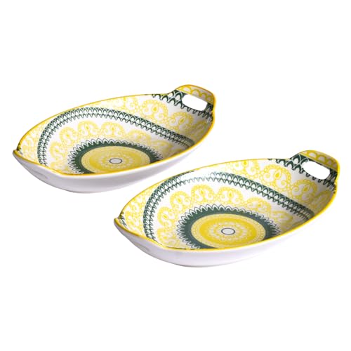 Image of Nestasia Set of 2 Yellow and Green Mandala Design Ceramic Long Oval Platter with Handles for Serving Snacks, Appetizers, Salads, and Noodles | Microwave Safe, Dishwasher Safe (10.8 Inch)